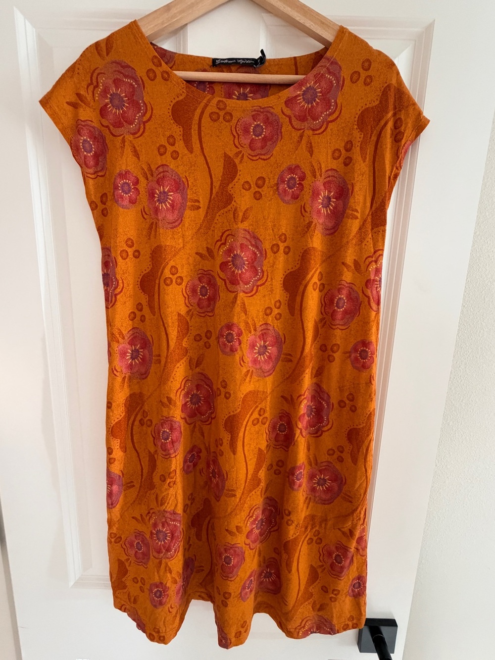 Gudrun Sjoden Orange Floral Tunic Dress Small S Lagenlook Art to Wear Pockets